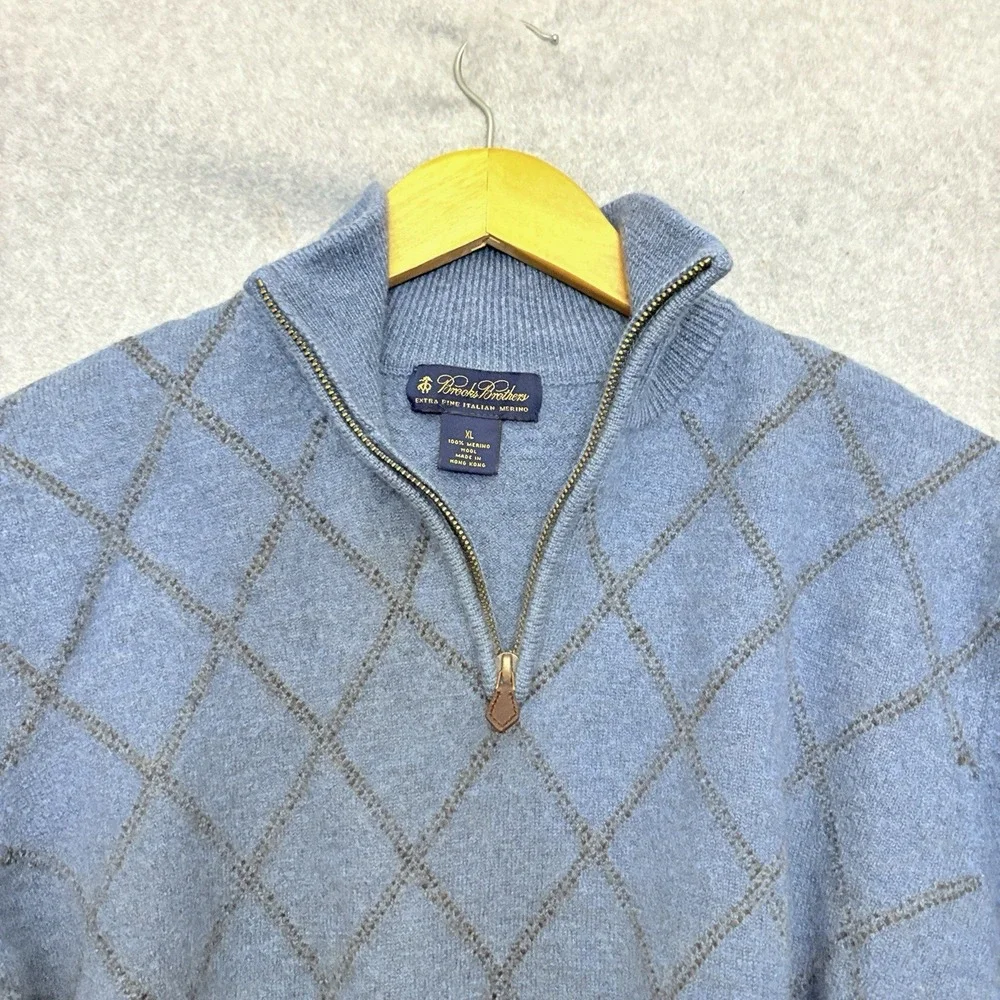 Brooks Brothers Extra Fine Italian Merino Wool Argyle 1/4 Zip Pullover Mens XL‎